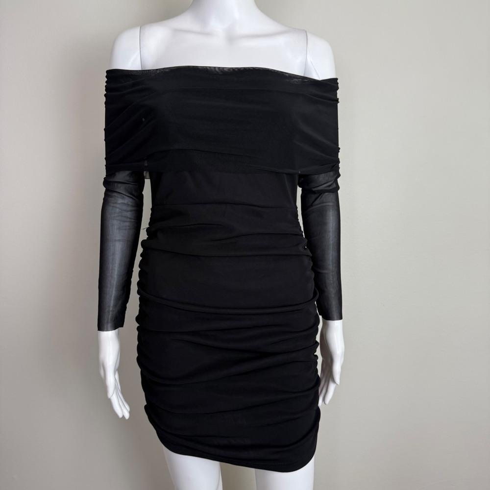 Commense Black Off the Shoulder Long Sleeve Ruched Bodycon Mini Dress size M